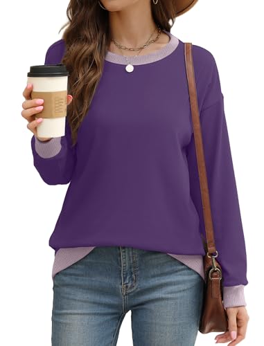 Image of Saloogoe Sweatshirts for Women Crewneck Long Sleeve Loose Fit Tops Color Block Ribbed Trim Fashion 2025