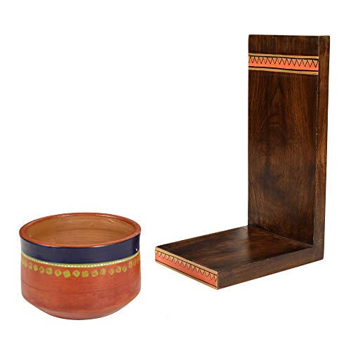 Image of AAKRITI ART CREATIONS Asmi Earthen Brown Planter with Wall Decor Shelf | Handmade Terracotta Planter & Wooden Wall Hanging Shelf | Matte Finish Decorative Wall Art for Living Room, Balcony & Gifting