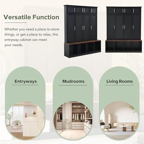 Image of Hall Tree with Bench and Shoe Storage Compartments, Particle Board Multi-Functional Entryway Cabinet with 4 Hanging Hooks, Black