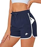 MAGCOMSEN 3 Inch Inseam Women Drawstring Quick Dry Athletic Running Shorts Summer Casual Shorts Pockets Navy Blue, L
