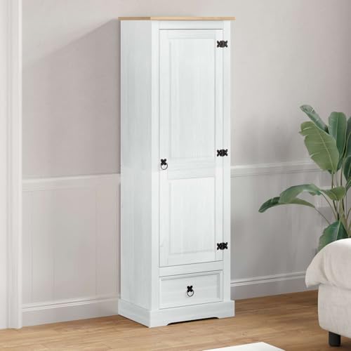 Armario blanco de madera maciza de pino 55 x 38 x 170 cm con cajones y barra para colgar ropa, espacio de almacenamiento rústico para dormitorio, vestidor y pasillo, moderno sistema de organización