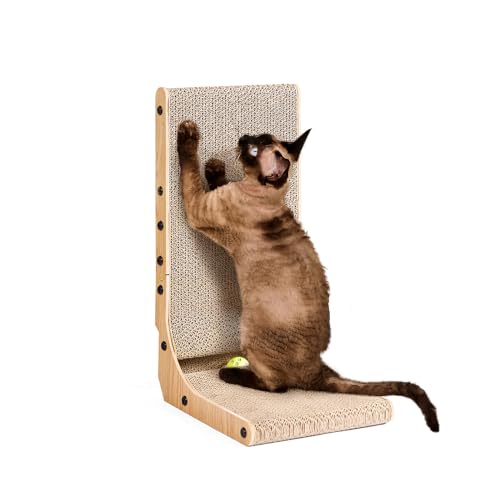 EHEYCIGA Cardboard Cat Scratcher for Indoor Kitten Cats, 19 Inch L Shaped Vertical Cat Scratching Board with Ball Cat Toy, Small Cat Scratcher Pad, Brown