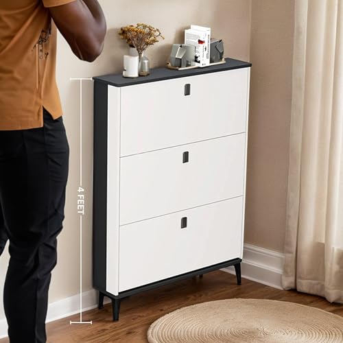 Image of The Artment your artistic apartment Slimline 3 Drawer Shoe Cabinet, MDF Material - Space Saving Shoe Storage Organizer for Hallway & Entryway | Modern Footwear Stand | Home Furniture (70x17x118 cm)
