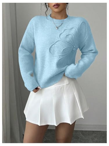 Image of RoseSeek Women's 3D Floral Appliques Crewneck Sweaters Long Sleeve Drop Shoulder Pullovers Elegant Knit Tops