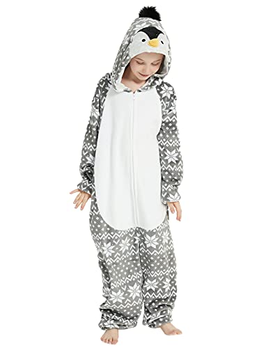 ABENCA Penguin Onesie Kids Animal Costume Girls Pajamas One Piece Plush Sleepwear Cosplay Halloween Christmas.Grey Snowflake.140