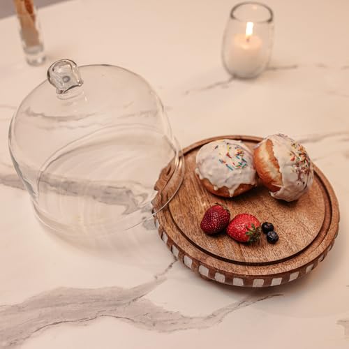 Image of Sugar Sphere Acacia Wood Cake Stand with Glass Dome | Cake Plate with Dome Lid | Multipurpose Serving Stand for Wedding Birthday Parties | Dessert Display