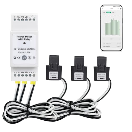 Tuya Smart Din Rail Power Monitor mit Relais, Echtzeit-Spannung, Strom, Leistungsfaktor, Aktivleistung & Frequenzmessung, Ein-/3-Phasen-kompatibel, Alexa & Google-Steuerung, Überlastschutz
