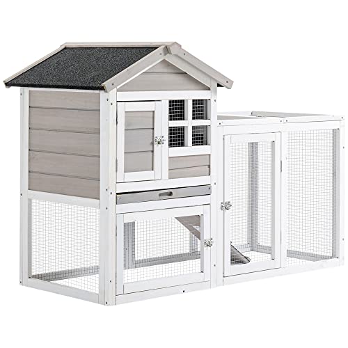 PawHut Clapier pour Lapins Cottage - clapier supérieur avec Rampe et enclos extérieur - Plateau Coulissant, Toit en Bitume, 4 Portes verrouillables - dim. 128L x 64W x 92H cm Gris Blanc Bois de Sapin
