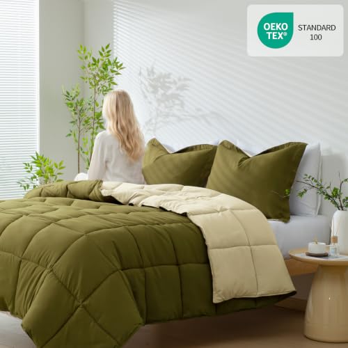 Image of HIG 3pc Olive Queen Size Bedding Comforter Set Duvet Insert Blanket