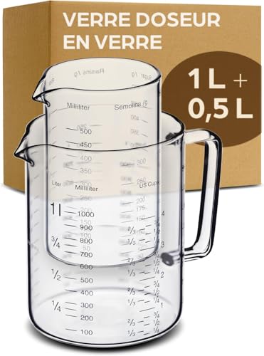 Praknu Verre Doseur en Verre - 1L & 0,5L - Resistant a la Chaleur & au Micro-ondes - Graduation Precise - Ideal pour la Patisserie, la Cuisine et les Melanges