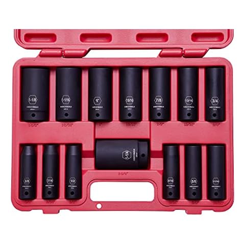 MECHMAX Impact Socket Set 1/2 Inch Drive Deep SAE set and Metric set Size 28 Piece, 6 Point Chrome Vanadium Steel Black Phosphate Finish with Tool Box Storage Case Cover