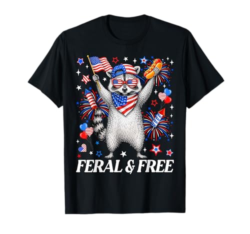 Funny Feral and Free Patriotic Raccoon 4th of July Boys Kids T-Shirt