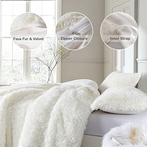 Luxury Shaggy Duvet Cover Set, Cream Fluffy Faux Fur Bedding Set, Ultra Soft Plush Duvet Cover For Queen Size Bed With Zipper Closure, Warm Cozy Blanket For Cold Winter, 3 Piece, 90" X 90" #TOP3