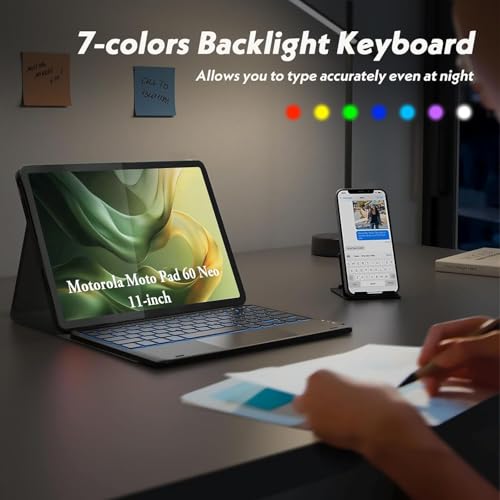 Image of HOM Tri-Fold 7-Colour Backlight Detachable Wireless Bluetooth Keyboard with Trackpad /Touchpad Tablet Cover Case for Motorola Moto Pad 60 Neo 11-inch 2025
