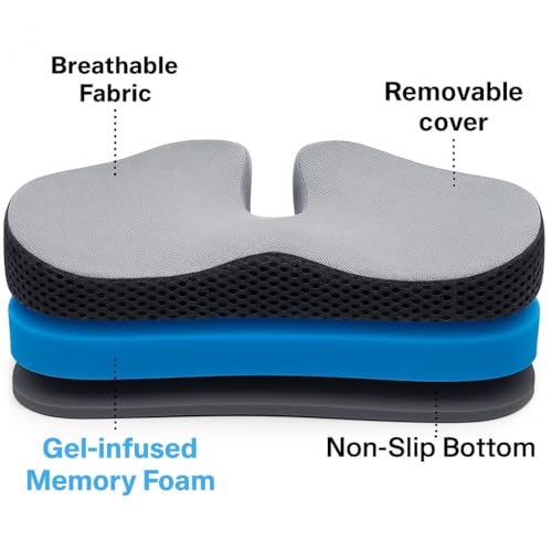 Image of Grin Health Coccyx Pro Large Thick Seat Cushion - Comfort Seating Memory Foam for Tailbone & Back Pain Relief, Orthopedic Chair Cushion for Office, Car, Home & Wheelchair Sitting (Grey)
