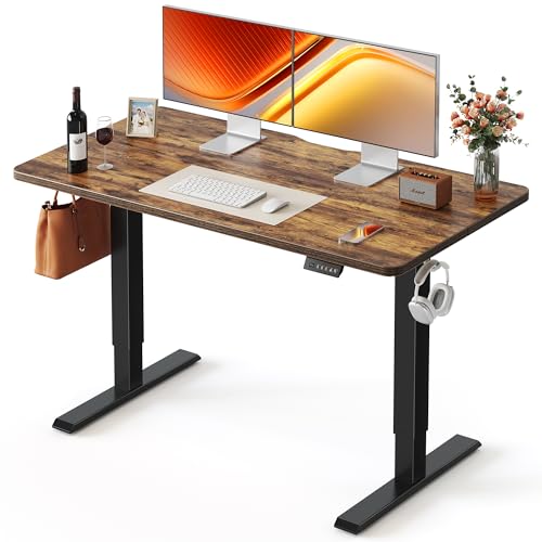 Image of FEZIBO 48 x 24 Inchs Electric Standing Desk, Height Adjustable, Sit Stand Up, Computer Office Desk with Splice Board, Black Frame/Rustic Brown Top