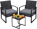 Kromax 3 Pieces Patio Outdoor Wicker Bistro Furniture Set, Conversation Set, 2 Chairs Plus Table, for Porch, Balcony, Patio, Black Frame with Grey Cushion