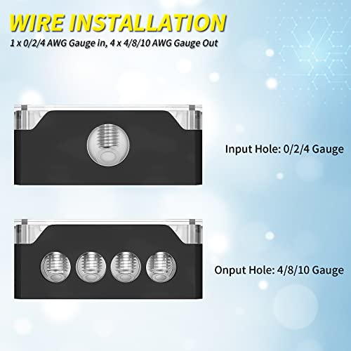 Joinfworld 4 Way Power Distribution Block Car Audio 0/2/4 Gauge Input 4/8/10 Gauge Output Amp Ground Distribution Block Splitter For Amplifier Auto Car Boat #TOP3