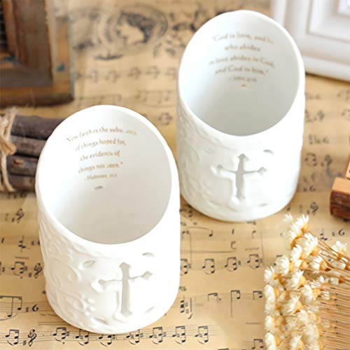 Dreamseden Set Of 2 Ceramic Christian Cross Tealight Candle Holder With Bible Verses Include Flickering Led Flameless Tea Light Candles For Wedding And Home Decor #TOP5