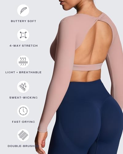 Image of Aoxjox Women's Define Sculpt Long Sleeve Crop Tops | buttery soft fabric,curved hem,hollow back, low support, removable pads, workouts,yoga,gym, daily wear