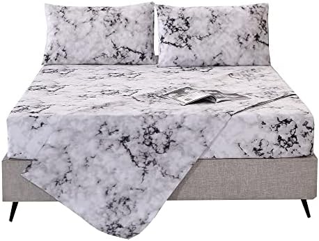 MAG Marble Bed Sheet, 4PC Black White and Gray, Queen Size Modern Pattern Printed Bedding Sheet Set with 1 Top Flat & 1 Fitted Sheet with 2 Pillowcases, 14” Deep