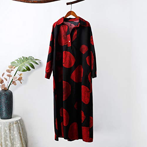 Vestido longo feminino de algodão vintage com anéis de árvore padrão gola virada para baixo manga co