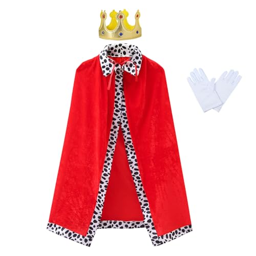 WanderGo Costume de roi pour adulte - Cape royale rouge avec motif de vache de 120 cm + couronne dorée + gants blancs - Déguisement d'Halloween pour carnaval, scène,...
