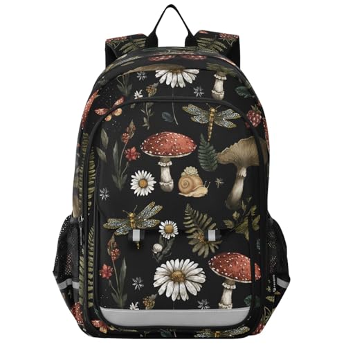senya Mushroom Dragonfly Butterfly Backpack for Women Men, Large Student School Bookbag 15.6 in Laptop Bag Purse Travel Casual Daypack
