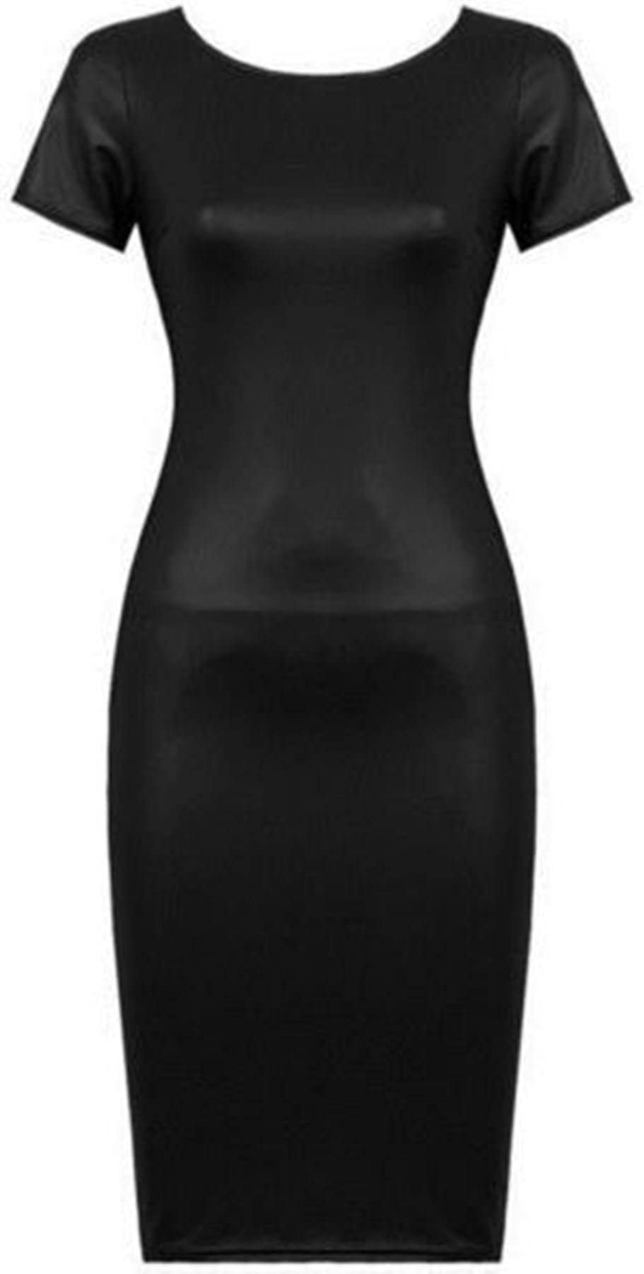 FAIRY BOUTIQUE Womens Stretchy Wet Look Cap Sleeve Midi Dress Ladies Scoop Neck PVC Bodycon Dress Plus Size 8-26 Black