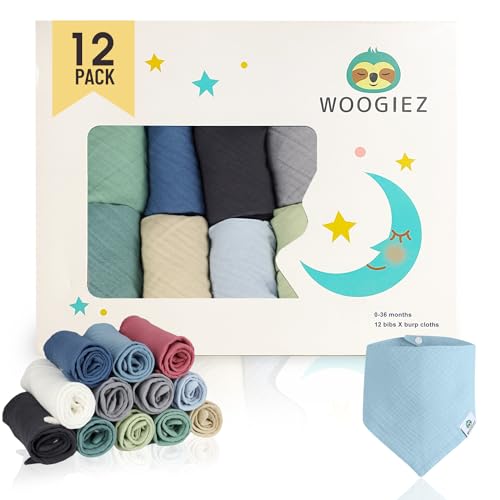 Image of Woogiez Muslin Baby Bibs 12 PACK — Muslin Bibs; 100% Cotton Bandana Bibs; Boys, Girls — Newborn Bibs for Teething & Drooling