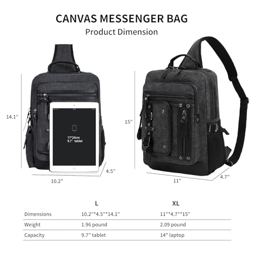 Leaper Sling Backpack Men Large: Canvas Messenger Bag for Men Crossbody - Single Strap Laptop Hiking School Casual Daypacks Black