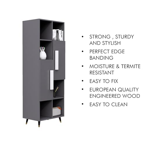 Image of Bniture Bookshelf for Home | Engineered Wood Book Shelf with 2 Door & 6 Shelf | Open Book Shelf Stand for Library | Multipurpose Display Organizer for Living Room, Study & Office | Slate Grey