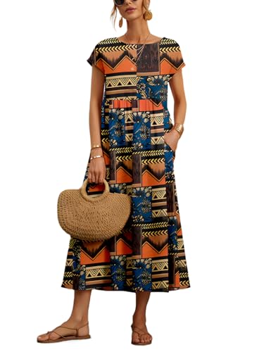 Image of LARMLISS Baggy Crew Neck Dress for Women Summer Casual Comfy Cotton Short Sleeve Tunic Beach Maxi Dresses with Pockets
