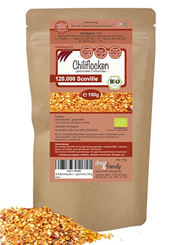 direct&friendly Bio Chili getrocknet extra scharf geschrotet Chiliflocken 120.000 Scoville (100 g)