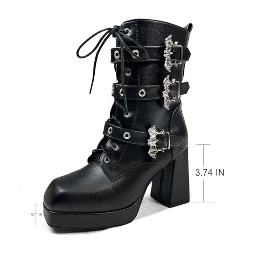 Image of FOREADA Goth Platform Heel Combat Boots Women Pearl Lace Victorian Booties