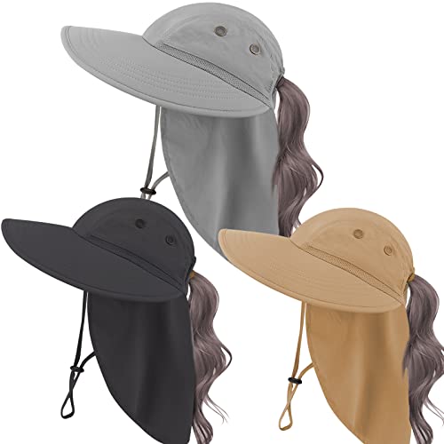 3Pcs Sun Hat With Ponytail Hole For Women - Wide Brim Sun Hats For Women Uv Protection - Foldable Fishing Hat For Ponytail Women - Sunshade Hat With Neck Flap For Outdoors Tribe #TOP4
