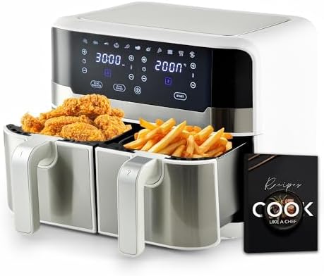 MasterPro Rocket Duo 900 | Freidora Sin Aceite Doble | Color Blanco | Capacidad de 9 L y 2400 W | Pantalla LED Táctil y Cesta Antiadherente | Freidora de Aire | 11 Funciones Diferentes en 1, Clásico