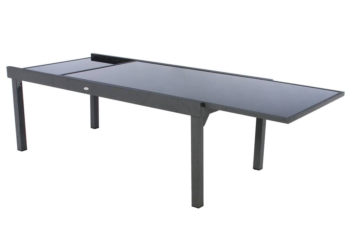 Hespéride - Tavolo da giardino allungabile Piazza, grigio grafite - 12 posti - Alluminio antiruggine, vetro temperato - Mobili da esterno con prolunga scorrevole