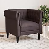 SKTQYQO Poltrona Chesterfield Marrone Scuro in Tessuto con Imbottitura Spessa e Gambe Robuste per Soggiorno e Salotto, Design Classico con Braccioli Arrotolati, Seduta Confortevole