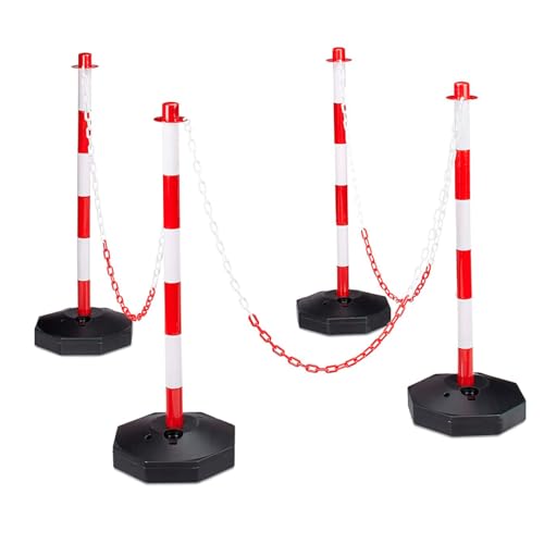 PARKING FÁCIL | Postes Separadores con Cinta Extensible | Barrera de Aparcamiento en Rojo y Blanco | Base Rellenable de Agua y Arena | Mayor Estabilidad | Resistente | Medidas 82 x 28 x 28 cm | 4 Uds