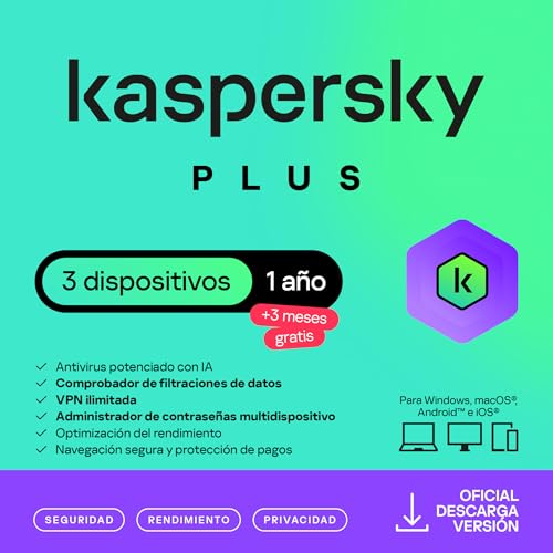 Kaspersky Plus Internet Security 2025 | 3 Dispositivos | 1 Año +3 Meses Gratis | Anti-Phishing y Firewall| VPN ilimitada | Gestor de contraseñas | Protección Bancaria en línea |Código por email