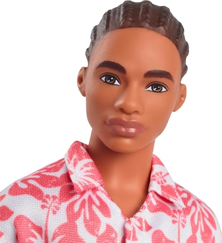 Image of Barbie Fashionistas Ken Doll #235 with Braided Brown Hair, Wearing Coral Jumpsuit with Hawaiian Print and Green Sandals