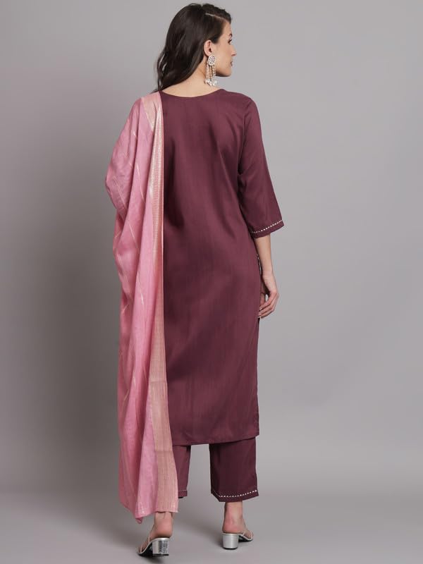 Image of VredeVogel Women Cotton Slub Straight Kurta Set With Pant and Net Embroidery Dupatta