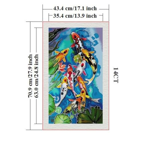 Image of Stamped Cross Stitch Kits Full Range of DIY Needlepoint for Adult Beginners Koi Pattern, for Gift and Home Decor 14CT 2 Strands 16.9x27.9 inch