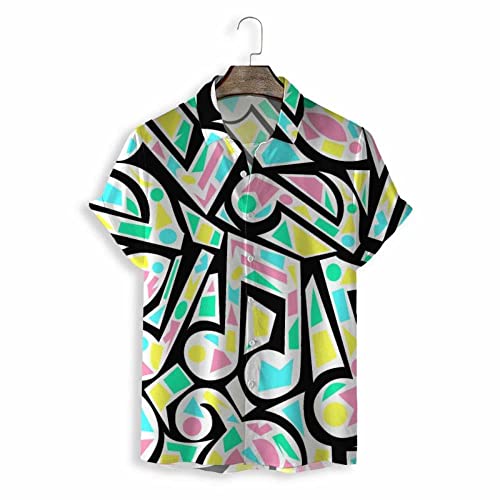 Chemise hawaïenne noire pour homme à motif musique et géométrique pour l'été