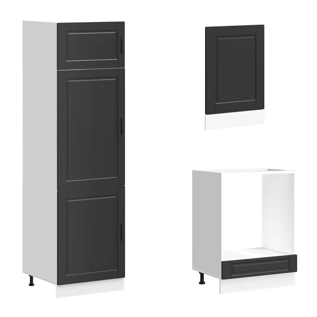 Set di 7 mobili da cucina Porto nero, cucina moderna in legno, blocco cucina con mobiletti inferiori, pensili e dispensa per riporre oggetti in cucina