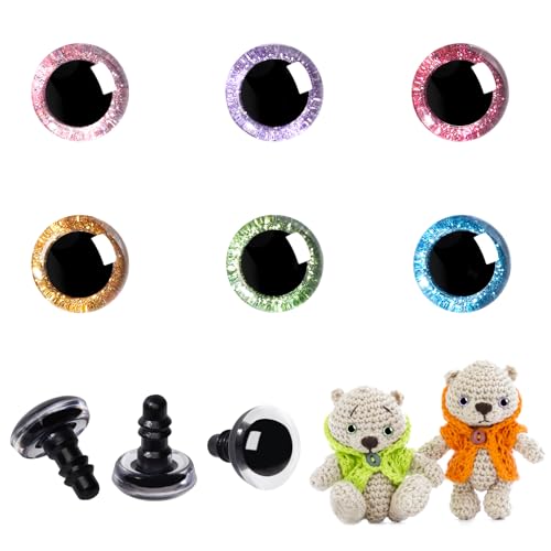 MUCUNNIA 60pcs 10mm 3D Glitter Plastic Safety Eyes for Amigurumi Trapezoid Craft Crochet Doll Eyes with Washers Stuffed Animal Eyes for DIY of Puppet Bear Plush Animal Halloween Decorations(6 Colors)
