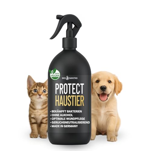 BIO SANITAS PROTECT Haustier Desinfektionsspray, 500 ml Hunde Desinfektion alkoholfrei für Katzen und Hunde, Desinfektionsmittel für Näpfe, Spielzeug, Transportboxen u.v.m., Geruchsneutralisierend