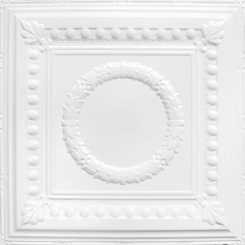 American Tin Ceilings [5 Pack] 24" x 24" 100% Tin Nail-Up Ceiling Tiles | kit-n-p07-wbs Pattern #7 Bright White Satin Circular Wreath Design with Egg & Dart Border for Ceilings & Kitchens