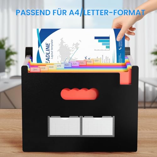Fododo Dokumentenmappe A4 mit 37 Fächern, Fächermappe A4 Dokumenten Organizer, Ordner, tragbarer Akkordeon-Aktenordner für Rechnungen, Papiere, Schule und Büro (schwarz)